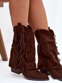 Dámske členkové čižmy - kovbojské čižmy so strapcami na stĺpci Gralina - čokoláda