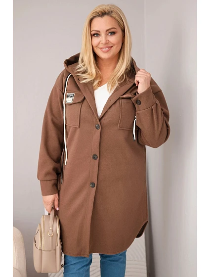 Dámský kabát Plus Size s kapucí model 22136657 na knoflíky hnědý - K-Fashion