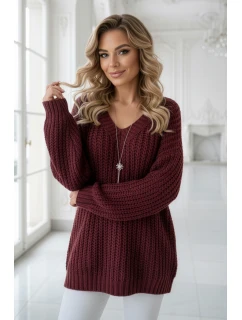 661-1 Teplý oversize sveter s véčkovým výstrihom z fleecu - bordová