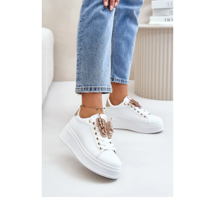 Sneakersy Damskie Na Platformie Z Motylem Biało-Złote Naritevia Sneakersy Damskie Na Platformie Z Motylem Biało-Złote Naritevia