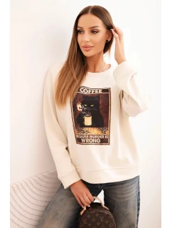 Dámská bavlněná mikina s potiskem kočky a nápisem světlá béžová