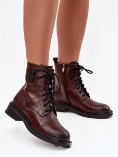 Skórzane Botki Workery Damskie Z Ozdobnym Detalem Maciejka K7180-01 Brązowe