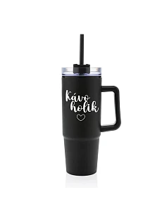 KÁVOHOLIK - čierny cestovný termohrnček s priehľadným viečkom 900 ml