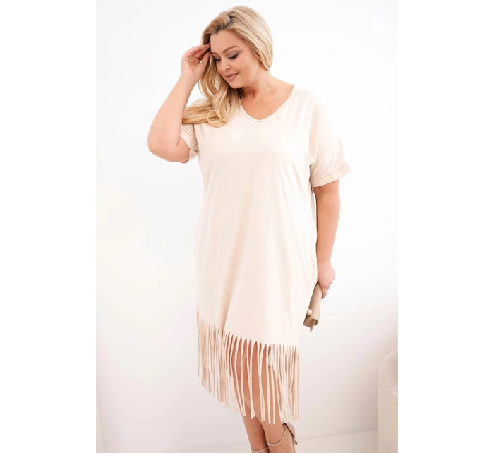 Dámské bavlněné šaty s výstřihem do V a třásněmi dole béžová