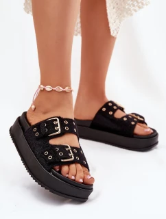 Klapki Damskie Ze Złotymi Klamrami Na Platformie Czarne Virvania