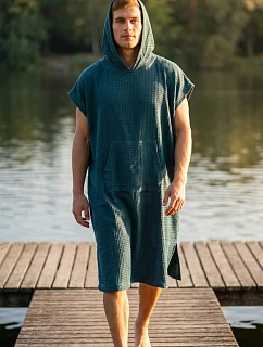 Pánske vafľové pončo Saimaa s kapucňou, farba Teal