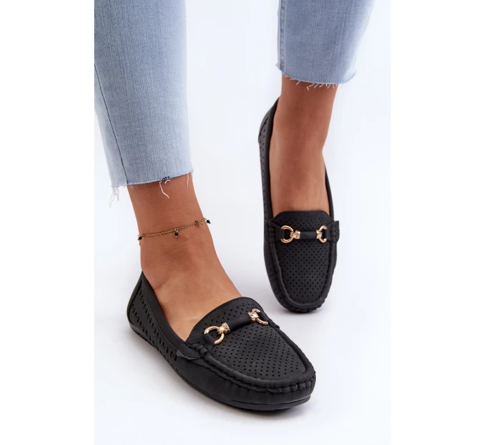 Mokasyny Damskie Ażurowe Z Ozdobą Czarne Kaydance