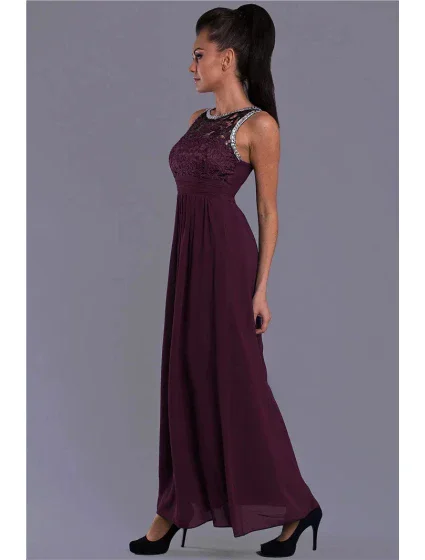 Dámské společenské šaty EVA model 15089591 s krajkou a kamínky dlouhé tmavě modrá - EVA&LOLA