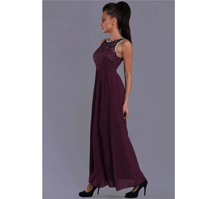 Dámské společenské šaty EVA model 15089591 s krajkou a kamínky dlouhé tmavě modrá - EVA&LOLA