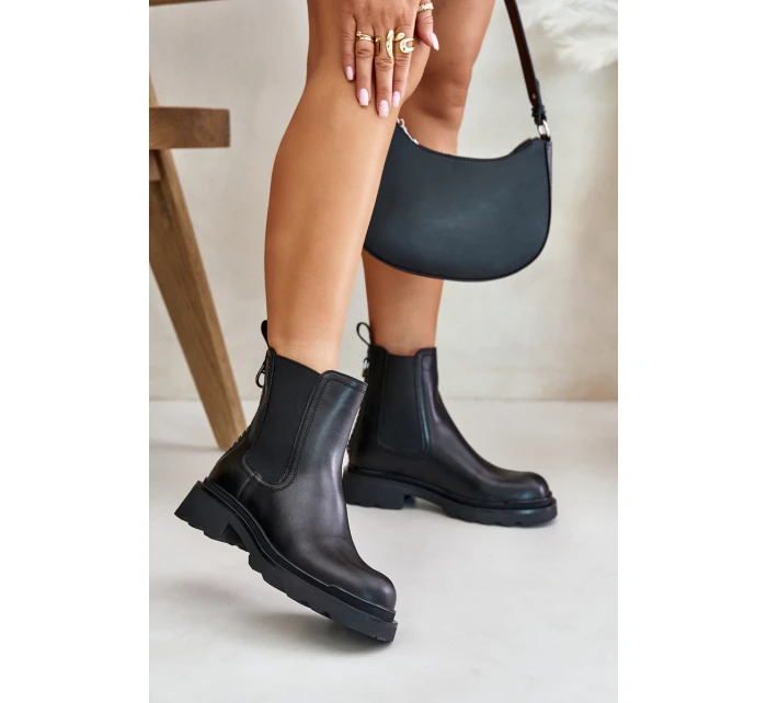 Skórzane Botki Sztyblety Z Ozdobnym Łańcuchem Ocieplane D&A JC42-86 Czarne