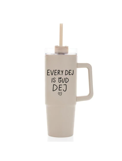 EVERY DEJ IS GUD DEJ - béžový cestovní hrnek s průhledným víčkem 900 ml