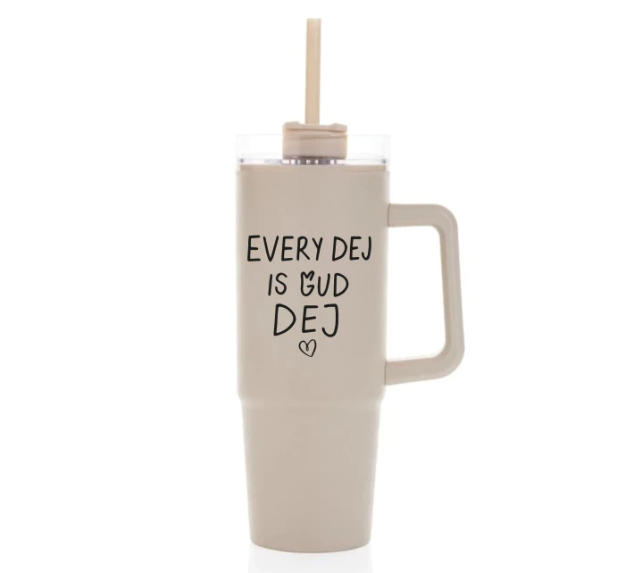 EVERY DEJ IS GUD DEJ - béžový cestovní hrnek s průhledným víčkem 900 ml