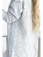 Šedý dámsky kardigan - svetríkový prehoz cez oblečenie s dlhšou zadnou časťou as ažúrovým vzorom romby 486-1
