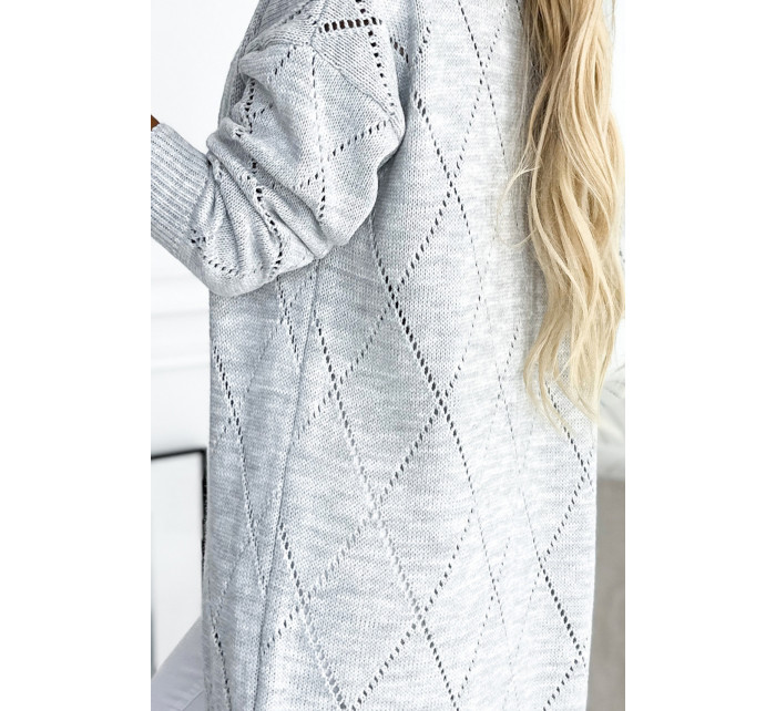 Šedý dámsky kardigan - svetríkový prehoz cez oblečenie s dlhšou zadnou časťou as ažúrovým vzorom romby 486-1