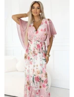 603-4 Vzdušné maxi šaty s obálkovým výstrihom a kvetinovým vzorom - PINK Roses 603-4 Vzdušné maxi šaty s obálkovým výstrihom a kvetinovým vzorom - PINK Roses