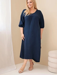 Dámské plus size bavlněné mušelínové šaty s výstřihem do V námořnická