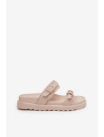 Klapki Damskie Na Platformie Ze Złotymi Klamrami Beżowe Wernone