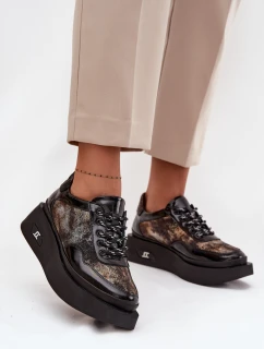 Dámske kožené šnurovacie topánky na platforme Artiker - čierne/zlaté