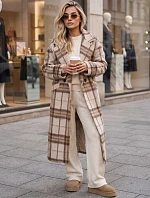 Dámský kabát dlouhý dvouřadý s příměsí vlny kostkované béžová FashionStreet NY0829