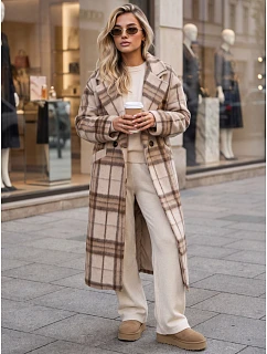 Dámský kabát dlouhý dvouřadý s příměsí vlny kostkované béžová FashionStreet NY0829