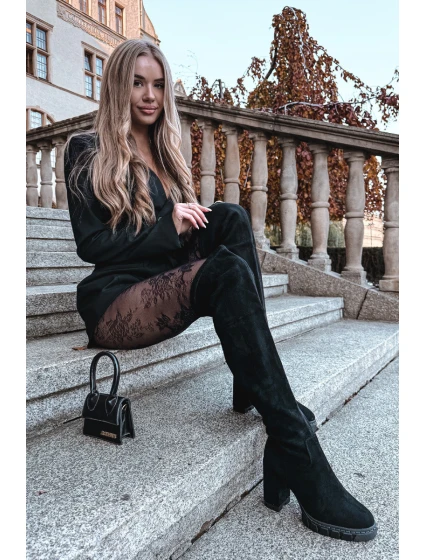 Dámské kozačky nad koleno na klíně ekologická semišová černá Tahlina