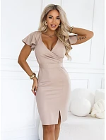 479-16 NINA – elegantné šaty s výstrihom do V, rukávmi a opaskom – tmavo béžové s brokátom