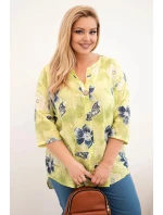 Dámská bavlněná halenka Plus Size s květinovým vzorem světle zelená