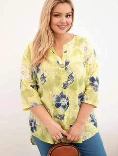 Dámská bavlněná halenka Plus Size s květinovým vzorem světle zelená