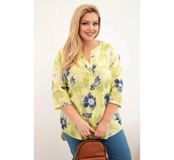 Dámská bavlněná halenka Plus Size s květinovým vzorem světle zelená