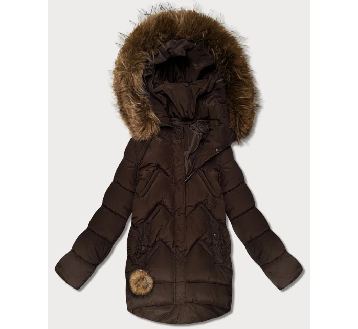 Dámska páperová zimná bunda s veľkou kapucňou hnedá (KK60589)