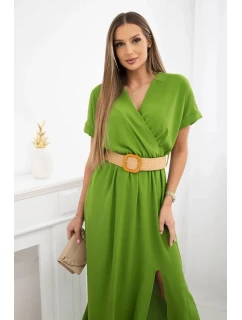 Dlhé šaty s ozdobným opaskom olivové