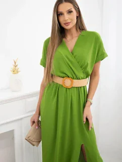 Dlouhé šaty s ozdobným páskem oliva