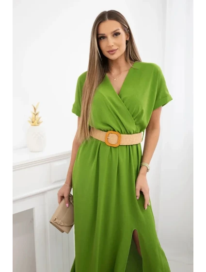 Dlhé šaty s ozdobným opaskom olivové Dlhé šaty s ozdobným opaskom olivové