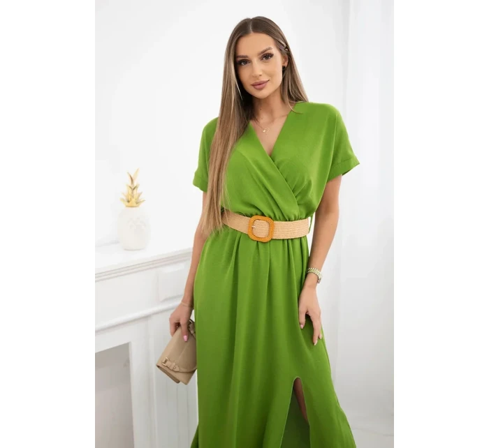 Dlhé šaty s ozdobným opaskom olivové Dlhé šaty s ozdobným opaskom olivové