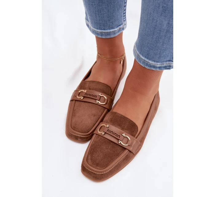 Dámské mokasíny Loafersy s ozdobným prvkem Hnědé Evelora