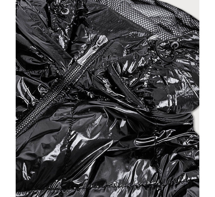 Lesklá čierna prešívaná dámska bunda (B9573)