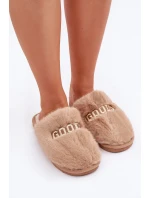 Kapcie Damskie Z Futerkiem I Napisem Brązowe Kalelia