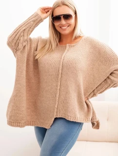 Dámský svetr Plus Size z model 21259032 volného střihu s 3/4 rukávem camelový - K-Fashion