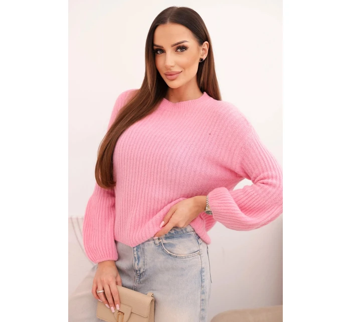 Svetr dámský z baby alpaky s model 21780849 rukávy jasně růžový - K-Fashion