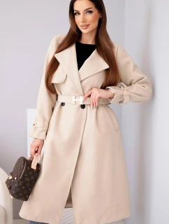 Dámsky kabát s opaskom a zlatými prackami béžovej farby