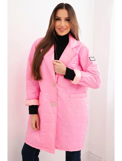 Dámske Plus veľkosť prešívaná bunda s ozdobnými gombíkmi a golierom Bright Pink