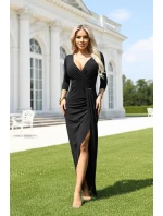 404-13 Elegantné dlhé šaty s obálkovým výstrihom a rozparkom - čierne