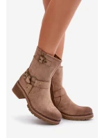 Botki Damskie Na Niskim Obcasie Z Klamrami Ciemnobeżowe Zudra