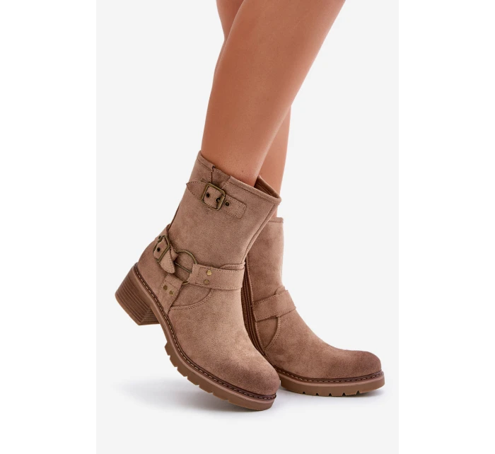 Botki Damskie Na Niskim Obcasie Z Klamrami Ciemnobeżowe Zudra