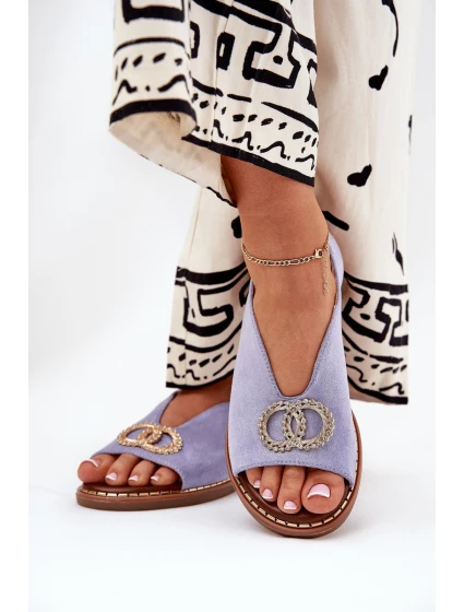 Dámske sandále s ozdobou na plochej modrej obuvi Eco Velour Beige Ralisses