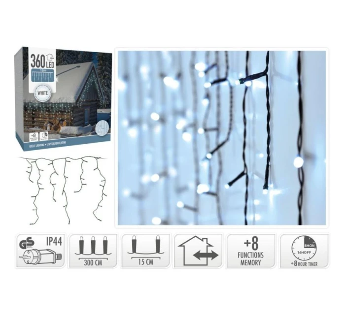VIANOČNÝ STROMČEK SVETLÁ VONKAJŠIE SVETLO OPONA 360 VIEDOL ČASOVAČ STUDENÁ BIELA PRIEHĽADNÝ KÁBEL