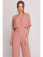 model 20966151 Kombinéza se širokými nohavicemi a zavinovacím výstřihem růžová - STYLOVE