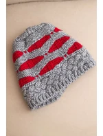 Dámska zimná čiapka z vlny v hrubom úplete a pruhoch K465 sivá + červená Dámska zimná čiapka z vlny v hrubom úplete a pruhoch K465 sivá + červená