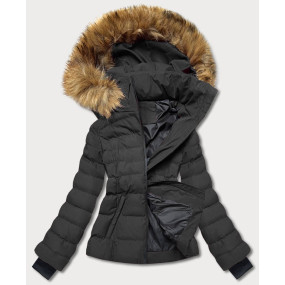 Krátka dámska zimná bunda v army farbe s kožušinou (5M768-136)