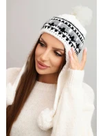 Dámska zimná vlnená čiapka s uškami a bambuľkami K436 biela